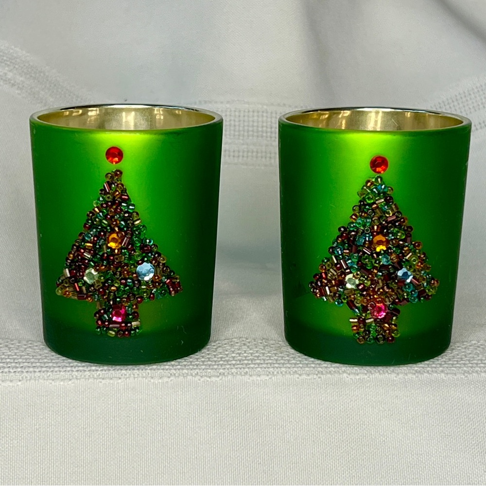 Mercury Glass Candle Holders Frosted Green Rhinestone Beaded Tree EUC‎ VTG GANZ